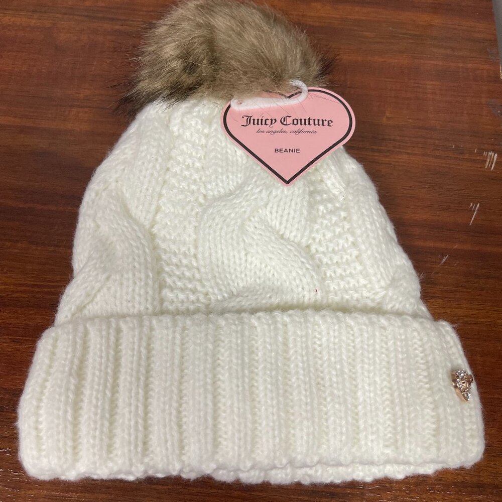 Juicy Couture White Beanie with Brown Pom One Size